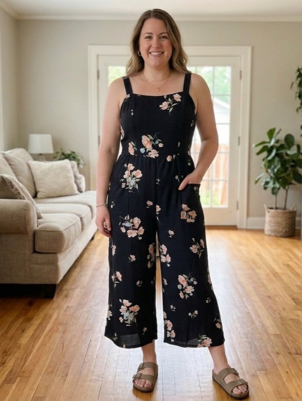 XHILARATION Floral Square-Neck Cropped Wide-Leg Floral Jumpsuit. Size Large.